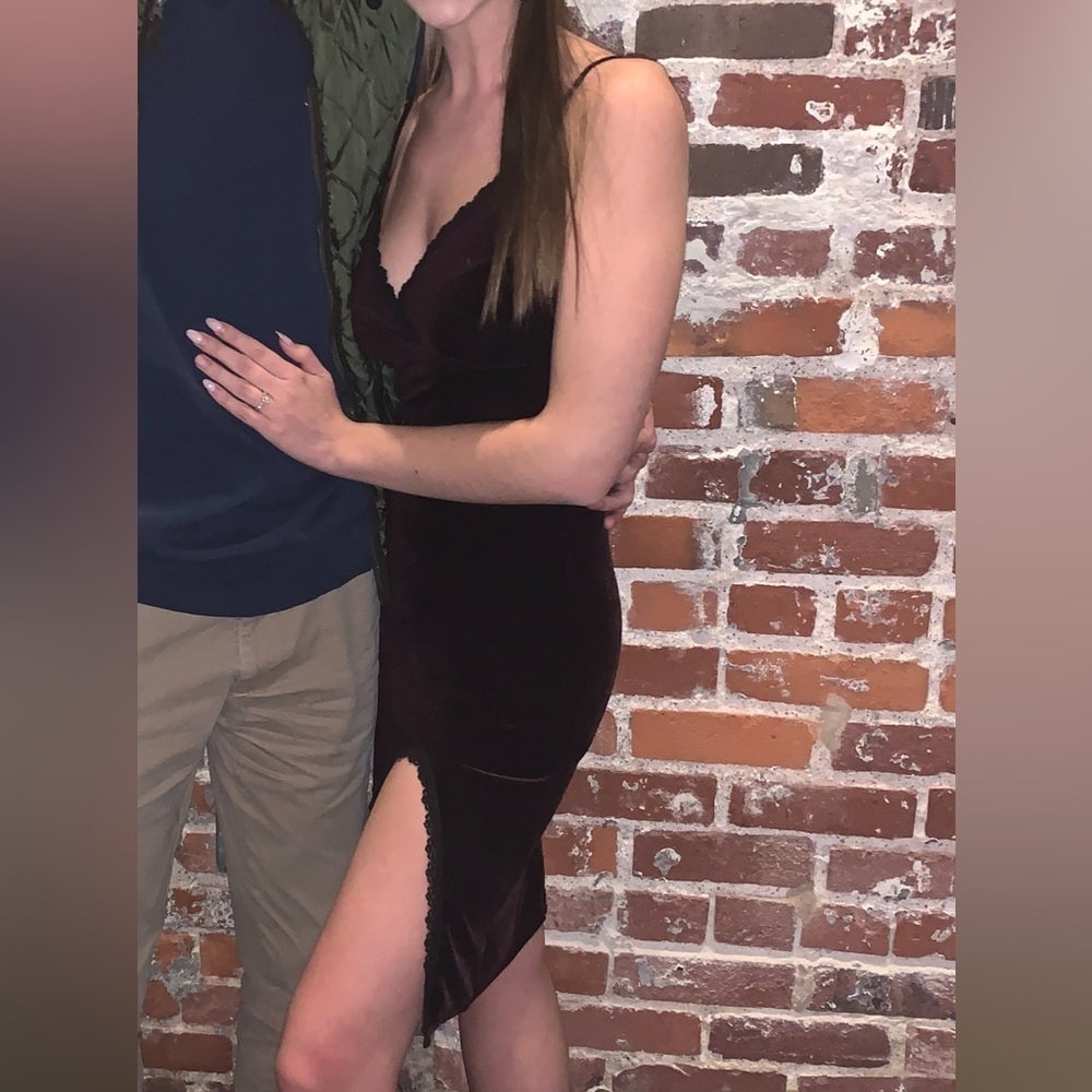 Forever 21 Burgundy Velvet dress with black lace trim and leg slit